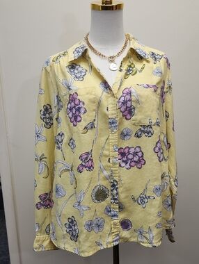 Charter Club Yellow Floral Linen Button Front Shirt Size 1X